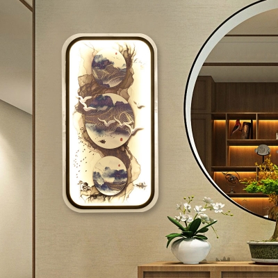 Asian LED Wall Mural Lighting Black Landscape Painting Wall Mount Light with Fabric Shade