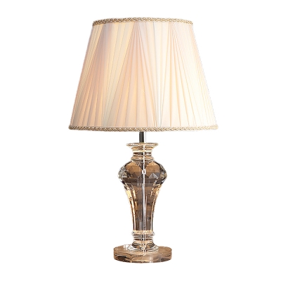 Barrel Shade Nightstand Light Modern Plated Fabric 1 Bulb Beige Table Lamp with Clear Crystal Base