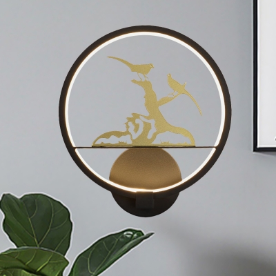 Bird and Withered Tree Mural Light Asia Metallic Black Hoop LED Sconce Lighting for Bedside