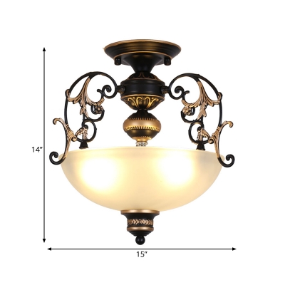 Bowl White Glass Semi Flush Lamp Fixture Traditional 3 Heads Corridor Ceiling Mounted Light in Black