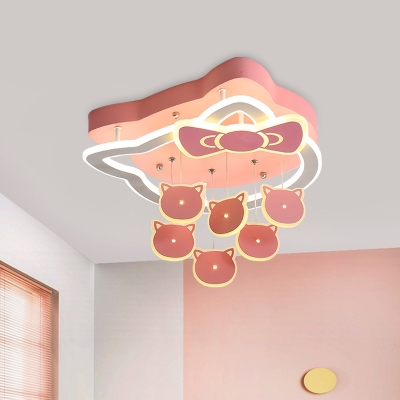 Cartoon Kitten Head Acrylic Flush Mount LED Close to Ceiling Lamp in Pink for Bedroom