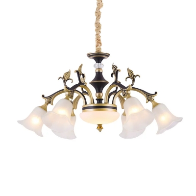 Cream Glass Floral Down Lighting Traditional 6/8-Head Living Room Chandelier Lamp in Black and Gold