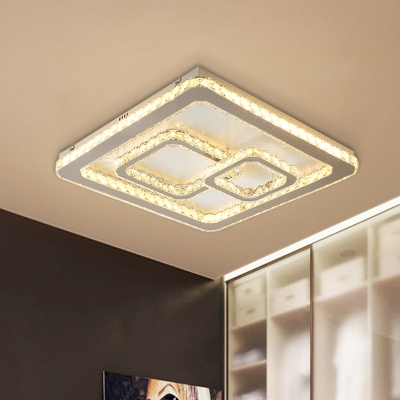 Crystal-Encrusted Nickel Ceiling Lighting Square Minimalist LED Flush Mount Fixture for Bedroom
