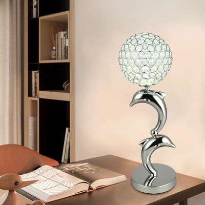 Crystal Inserted LED Night Stand Lamp Modern Chrome Dolphin Playing Ball Sitting Room Table Lighting