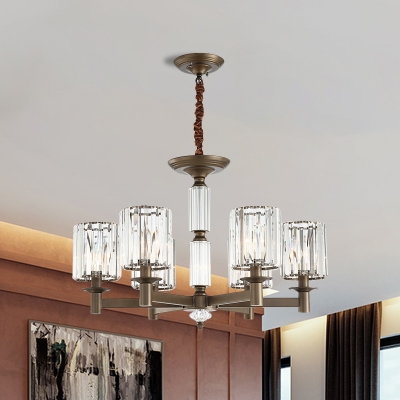 Crystal Prism Cylinder Suspension Lamp Traditional 6-Light Bedroom Chandelier in Brass
