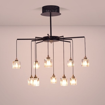 Crystal Rectangle Cascade Chandelier Modern 10-Light Bedroom Ceiling Pendant Lamp in Black
