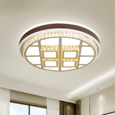Cut Crystal LED Flush Mount Lamp Minimalism White Gridded Round Hotel Ceiling Light