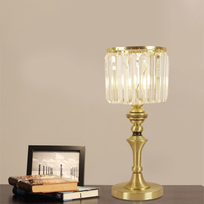 Cylinder Dining Table Night Lamp Postmodern Crystal Prism 1 Bulb Brass Table Light with Baluster Base