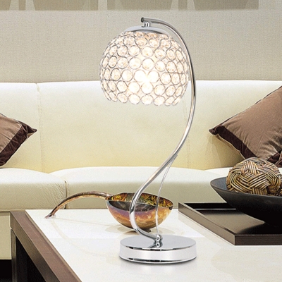 Domed Shade Crystal-Encrusted Table Lamp Modernism Single Bulb Chrome Nightstand Light