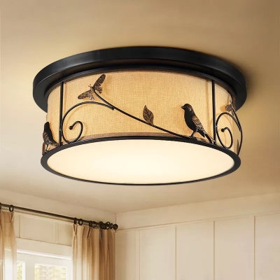 Drum Fabric Ceiling Mounted Lamp Country Style LED Bedroom Flush Lighting with Bird Deco in Black