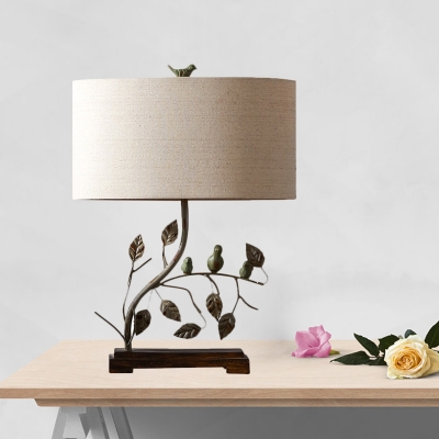 Drum Shade Fabric Night Light Traditional Fabric 1 Bulb Brown Table Lamp with Branch and Bird Design