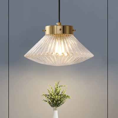 Flared Clear Ribbed Glass Pendant Postmodern Single-Bulb Brass Suspension Lighting