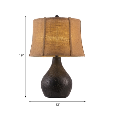 Flaxen Curved Drum Night Lamp Rustic Fabric 2 Bulbs 12