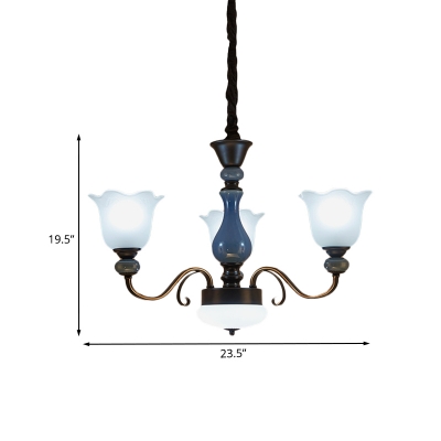 Floral Dining Room Pendulum Light Traditional Cream Glass 3 Lights Blue Ceiling Chandelier