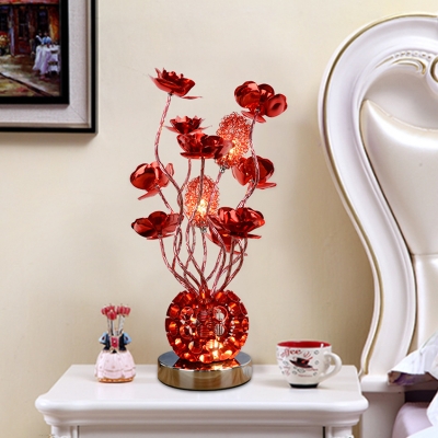 Flower and Ball Aluminum Wire Table Light Art Deco LED Bedside Night Lamp in Red