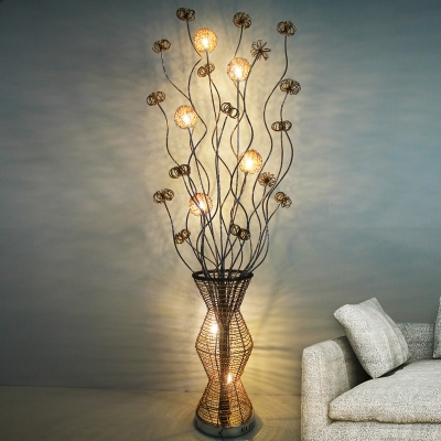 Gold Dandelion and Vase Stand Up Lamp Art Deco Aluminum Wire Drawing Room LED Floor Lighting