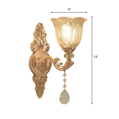 Gold Finish 1/2-Head Wall Light Mid Century Clear Crystal Glass Flower Shade Up Wall Lamp Fixture