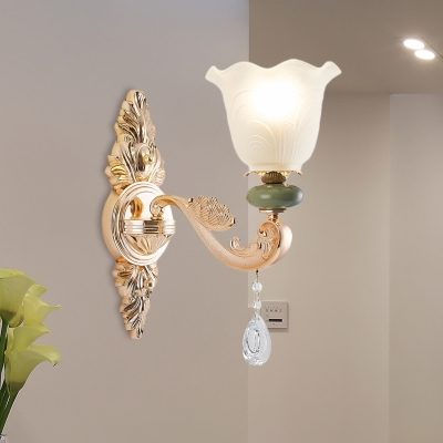 Gold Finish 1/2-Head Wall Mount Light Traditional Opal Glass Floral Shade Wall Lamp for Bedroom