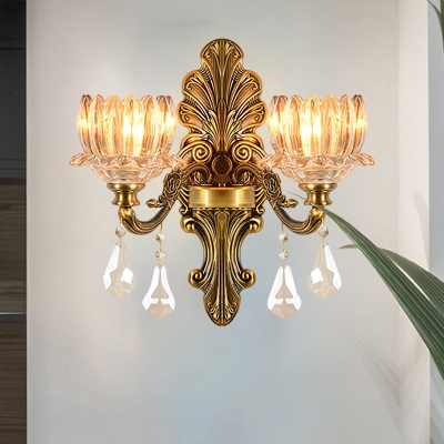 Lotus Flower Parlor Wall Sconce Retro Style Crystal 1/2-Bulb Brass Finish Wall Mount Lighting