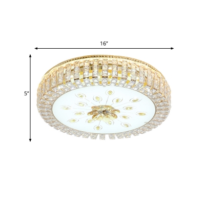Modern Drum Ceiling Lamp Minimalist Crystal LED Flush Mount Light Fixture with Peacock Tail Pattern in Gold