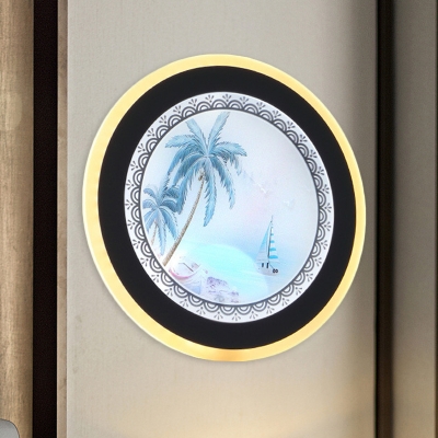 Modern LED Flush Wall Sconce Light Blue Tropical Island/Yellow Lake Park Mural Light Fixture with Acrylic Shade