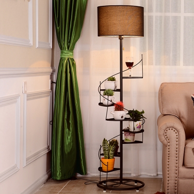 Modernist Drum Shade Floor Standing Light Fabric 1 Bulb Living Room Floor Lamp with Spiral Shelves in Black