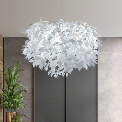 Nordic Branching Hanging Lighting Metal 1 Light Restaurant Pendulum Lamp with Leaf Deco in White