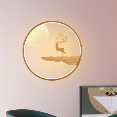 Nordic Deer and Full Moon Wood Mural Lamp LED Flush Mount Wall Sconce in Black/Beige for Living Room