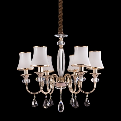 Post Modern 6-Light Hanging Lighting with White Frosted Glass Shade Gold Urn Shape Chandelier in Gold