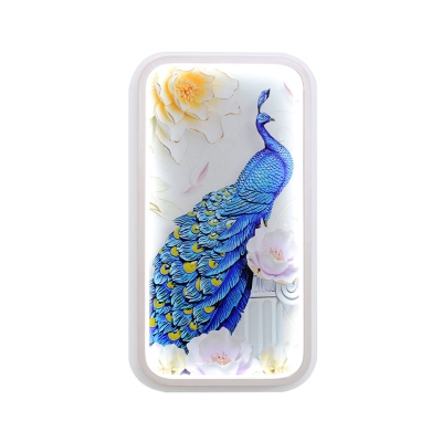 Rectangle Acrylic Wall Light Sconce Asian LED White Wall Mural Lamp with Peacock and Flower Pattern