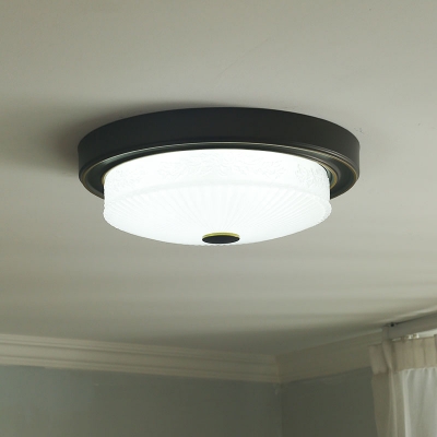 Round Bedroom Ceiling Mounted Light Farmhouse Translucent Glass LED Black Flush Lamp Fixture