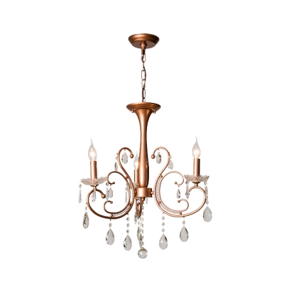 Scroll Restaurant Hanging Pendant Farmhouse Metal 3 Lights Copper Chandelier Lamp Fixture with Crystal Droplet