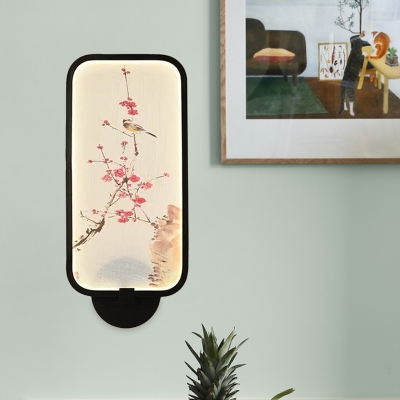 Spring Plum Flower Bedside Mural Light Acrylic Chinese LED Wall Lighting Fixture in Black