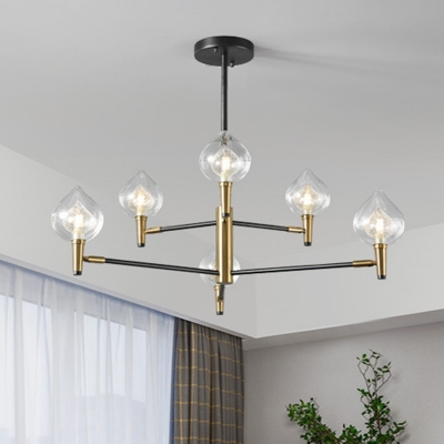 Tiered Burst Arm Chandelier Postmodern Metal 6/8 Bulbs Black and Gold Pendant Light with Teardrop Clear Glass Shade