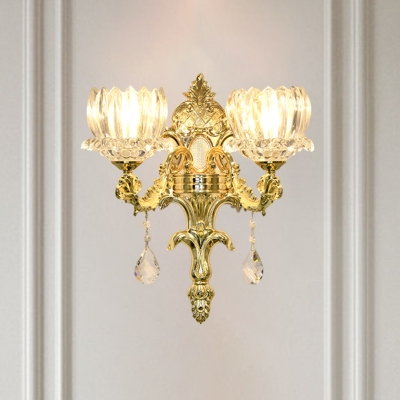 Traditional Lotus Wall Light Fixture 1/2-Bulb Crystal Sconce Lighting in Gold for Living Room