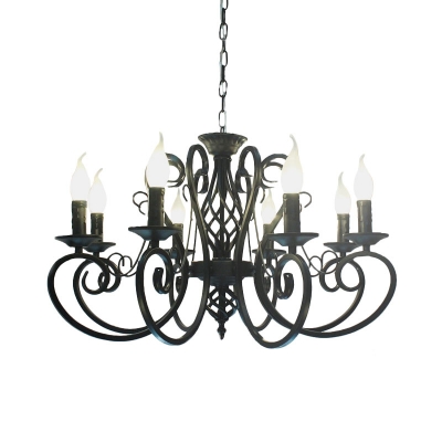 Traditional Scroll Arm Hanging Light Kit 6/8 Heads Metal Candle Chandelier Pendant Lamp in Black