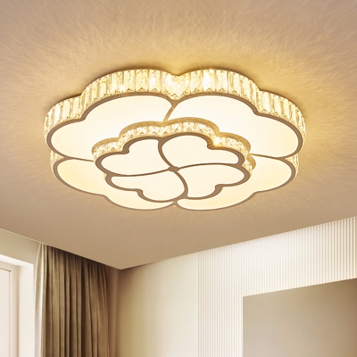 White 2-Layer Clover Ceiling Flush Modern Crystal Embedded Bedroom LED Flush Mount Lighting