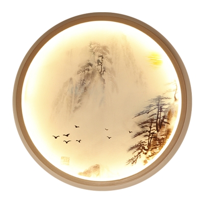 White Round LED Wall Light Chinese Style Metal Mural Lamp with Halcyon-in-Misty Mountain Pattern