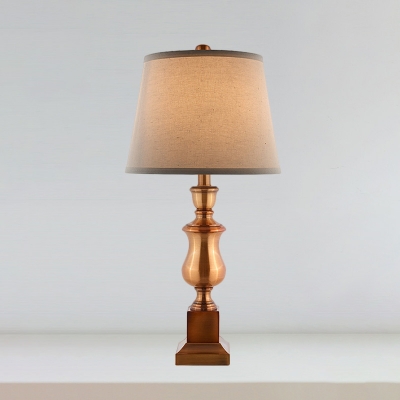 1 Bulb Night Table Lamp with Barrel Shade Fabric Antiqued Bedside Desk Light in Brown