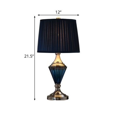 1 Head Nightstand Light with Drum Shade Pleated Fabric Traditional Parlour Desk Lamp in Blue