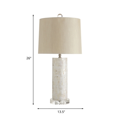 1-Head Shell Table Lighting Countryside White Cylinder Bedroom Nightstand Lamp with Drum Beige Fabric Shade