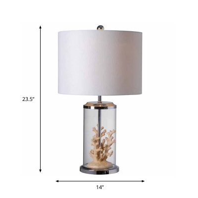 1-Light Cylindrical Table Lighting Countryside White Fabric Night Stand Lamp with Coral Decor