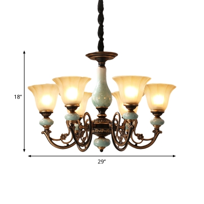 3/5/6-Head Suspension Light with Morning Glory Shade Tan Glass Country Living Room Ceramics Chandelier in Black-Gold