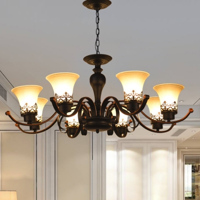 3/6/8 Heads Chandelier Light Fixture Vintage Bell Shade Tan Glass Up Hanging Ceiling Lamp in Black