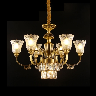 9-Light Bellflower Up Chandelier Mid Century Brass Frosted Glass Drop Lamp with Crystal Accent