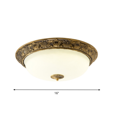Antiqued Bowl Shade Flush Lamp Fixture Milky Glass LED Ceiling Mounted Light in Brass, 12