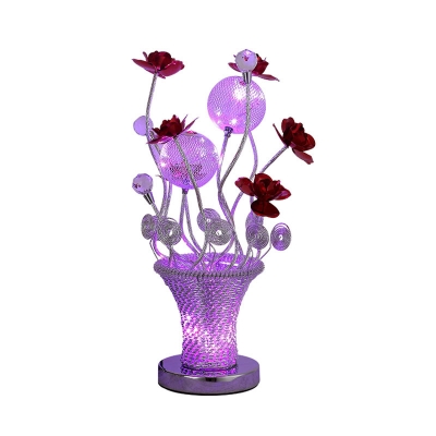 Art Deco Potted Flower Shape Table Light Aluminum Wire LED Nightstand Lamp in Chrome and Red