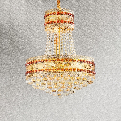 Beveled Crystal Gold Finish Chandelier 2 Layer Round 8 Heads Traditional Hanging Ceiling Light