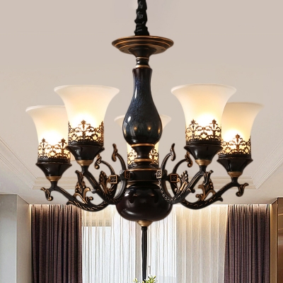 Black Finish 3/5/6 Heads Pendant Chandelier Countryside Cream Glass Bell Shade Up Ceiling Hang Fixture
