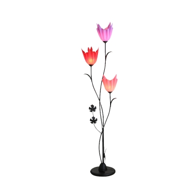 Black Finish Floral Branch Floor Lamp Modernist 3-Head Iron Floor Stand Light with Colorful Acrylic Shade